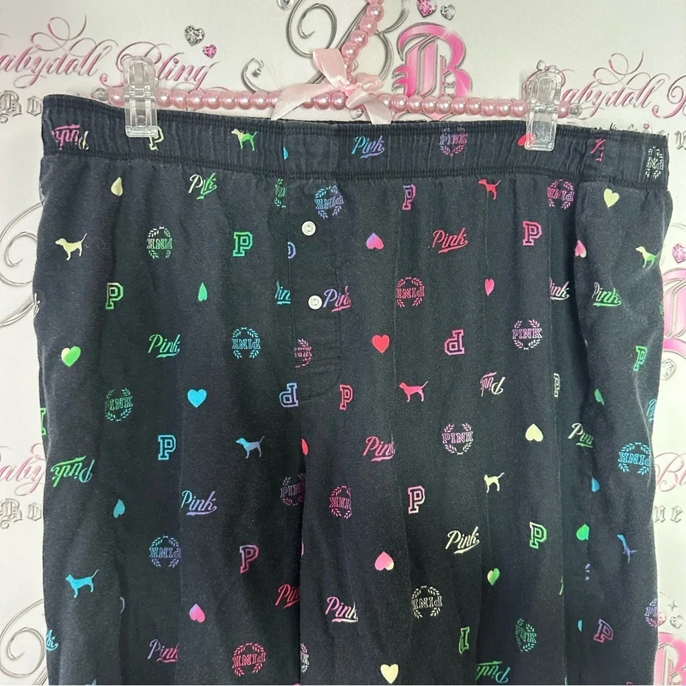 Victoria secret pink pj bottoms shiny shimmer logo print black multi color